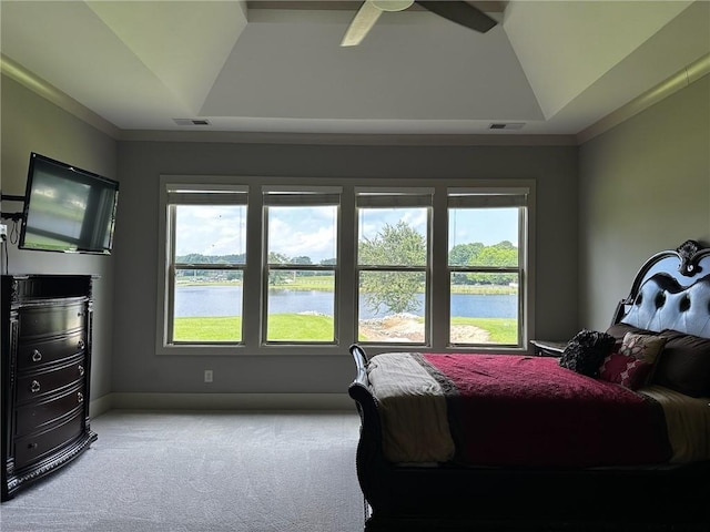2657 Gray Mill Way, Loganville, GA 30052 - bedroom featuring carpet flooring, vaulted ceiling, ornamental molding, a ceiling fan, and baseboards
