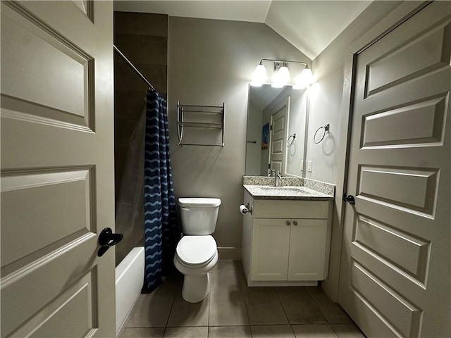 2657 Gray Mill Way, Loganville, GA 30052 - bathroom with tile patterned floors, toilet, vanity, lofted ceiling, and shower / tub combo