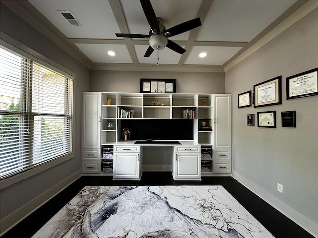 2657 Gray Mill Way, Loganville, GA 30052 - office space featuring a ceiling fan, coffered ceiling, built in study area, baseboards, and dark wood finished floors