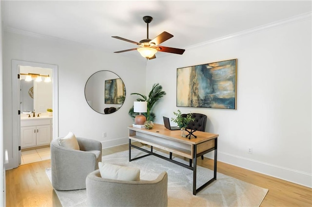 790 Thornberry Dr, Alpharetta, GA 30022 - office space featuring ceiling fan, light wood-type flooring, ornamental molding, baseboards, and a sink