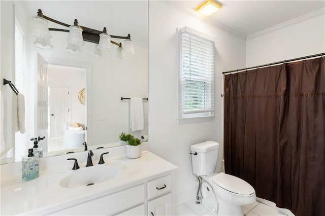 790 Thornberry Dr, Alpharetta, GA 30022 - bathroom featuring toilet, vanity, ornamental molding, tile patterned floors, and baseboards
