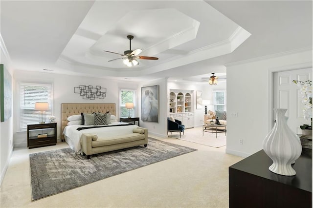 790 Thornberry Dr, Alpharetta, GA 30022 - bedroom with a raised ceiling, crown molding, multiple windows, carpet, and a ceiling fan