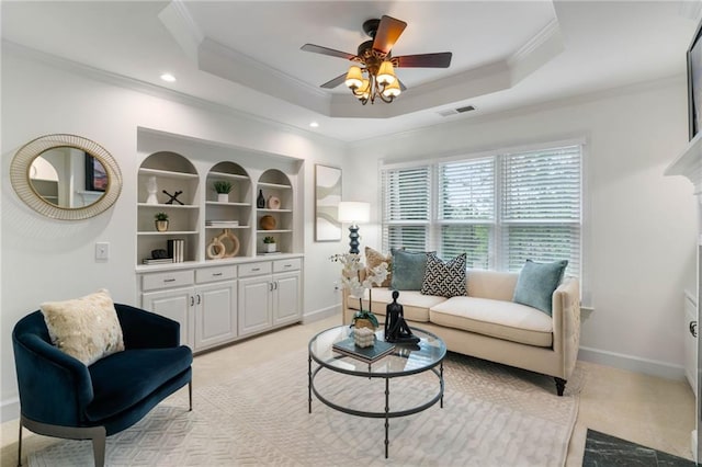 790 Thornberry Dr, Alpharetta, GA 30022 - living area featuring crown molding, a ceiling fan, a raised ceiling, baseboards, and recessed lighting