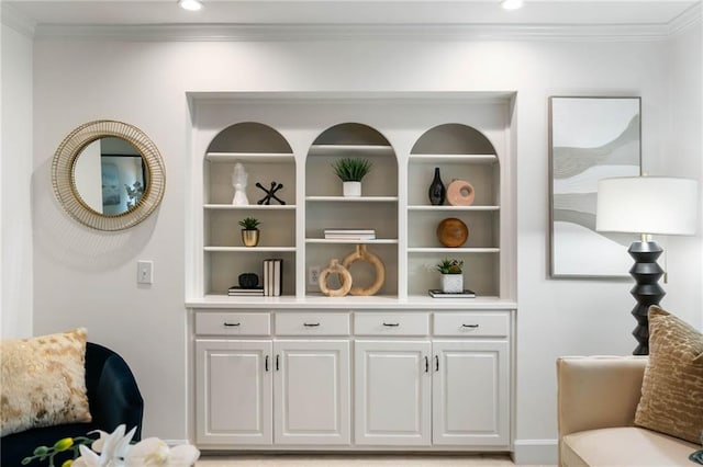 790 Thornberry Dr, Alpharetta, GA 30022 - living area with ornamental molding, recessed lighting, built in shelves, and baseboards