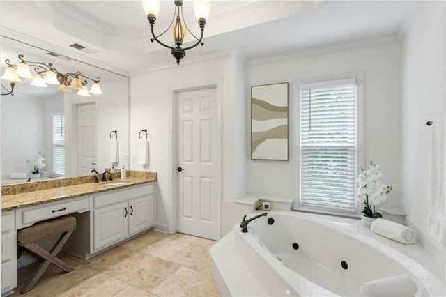 790 Thornberry Dr, Alpharetta, GA 30022 - full bathroom featuring a chandelier, plenty of natural light, a tub with jets, vanity, and crown molding