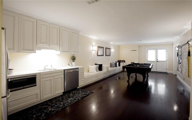790 Thornberry Dr, Alpharetta, GA 30022 - game room featuring a sink, ornamental molding, dark wood finished floors, french doors, and billiards table