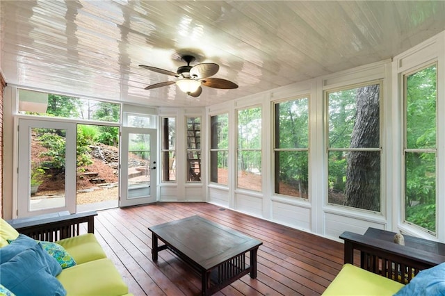 790 Thornberry Dr, Alpharetta, GA 30022 - sunroom with a ceiling fan, a wooden deck, wood-type flooring, and wood ceiling