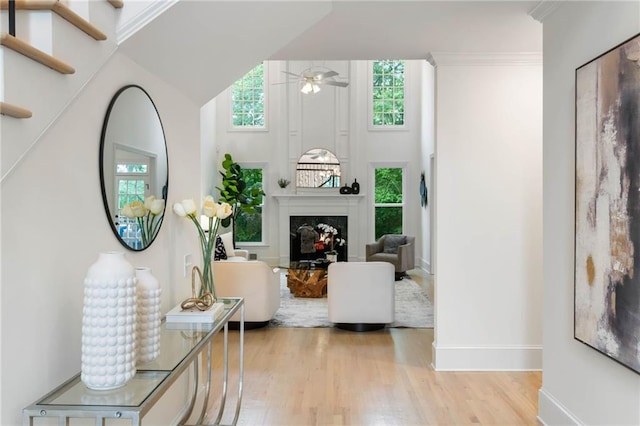 790 Thornberry Dr, Alpharetta, GA 30022 - living room with light wood-type flooring, a ceiling fan, a warm lit fireplace, baseboards, and crown molding
