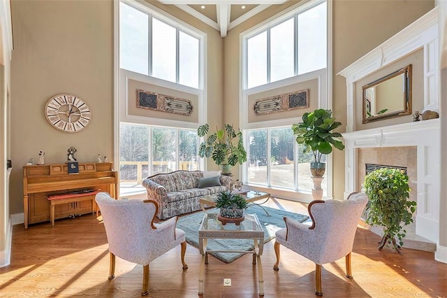 living area featuring crown molding, a high ceiling, a fireplace, and light wood finished floors