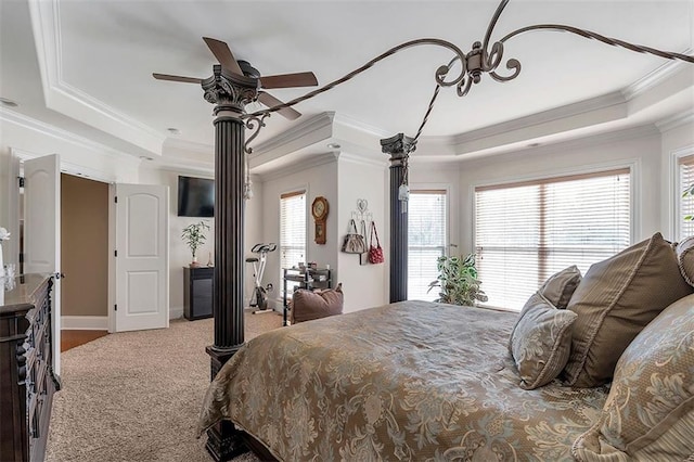 bedroom with a raised ceiling, a ceiling fan, carpet floors, and crown molding