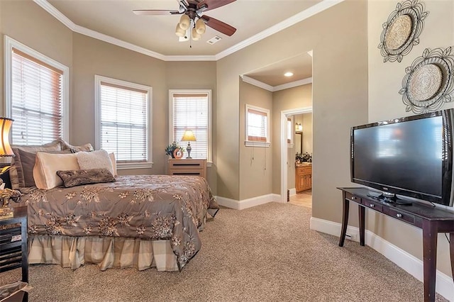 bedroom featuring ensuite bath, carpet, baseboards, and ornamental molding