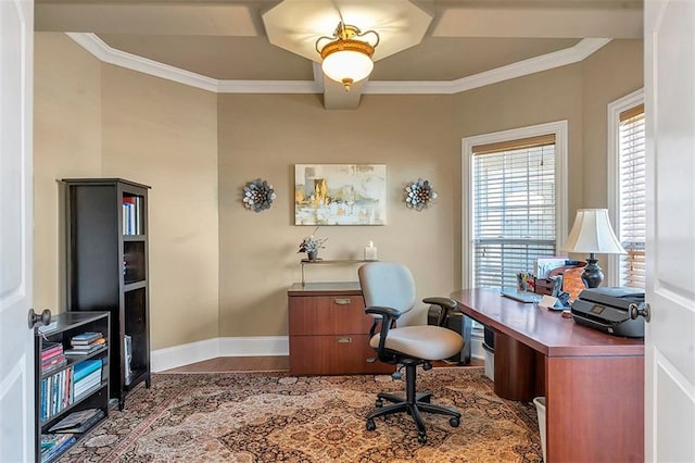 office area with baseboards and ornamental molding