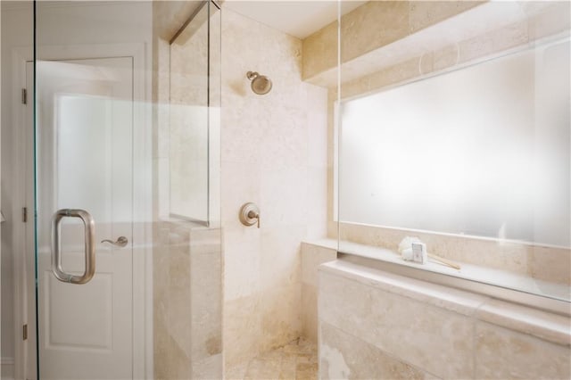 bathroom with a shower with shower door