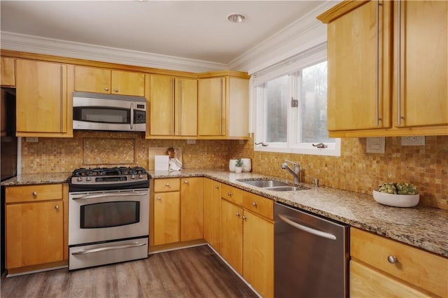 kitchen featuring dark wood-type flooring, sink, light stone counters, tasteful backsplash, and appliances with stainless steel finishes