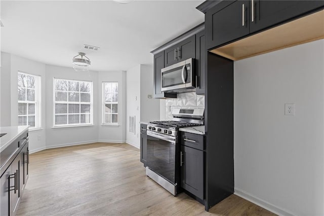 kitchen with backsplash, stainless steel appliances, and light wood-type flooring