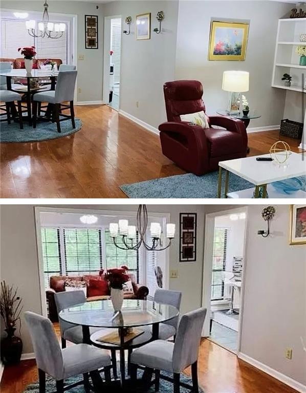 dining area featuring an inviting chandelier and hardwood / wood-style flooring