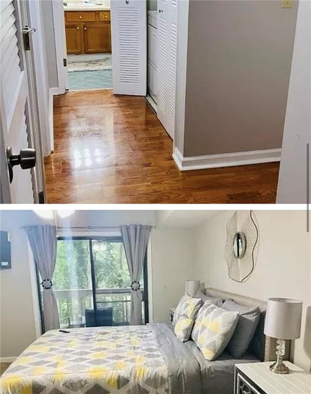 bedroom with connected bathroom and hardwood / wood-style floors