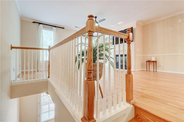 1160 Newpark View Pl Unit 8, Mableton, GA 30126 - stairway with wood finished floors, ceiling fan, and crown molding