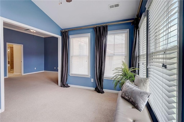 1160 Newpark View Pl Unit 8, Mableton, GA 30126 - sitting room featuring ceiling fan, lofted ceiling, and carpet floors