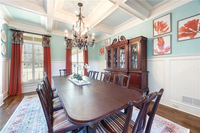 dining room with visible vents, beam ceiling, and dark wood-type flooring