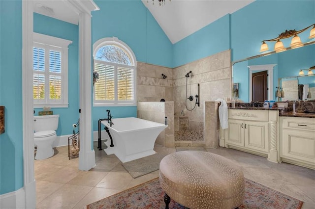 full bathroom with vanity, high vaulted ceiling, tile patterned flooring, toilet, and independent shower and bath