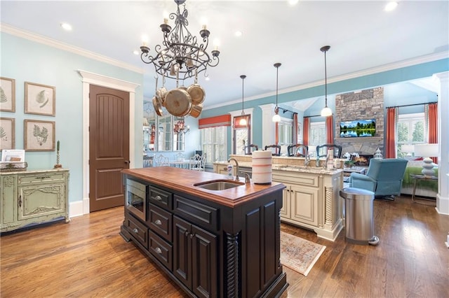 kitchen with a kitchen island with sink, wood finished floors, crown molding, and a sink