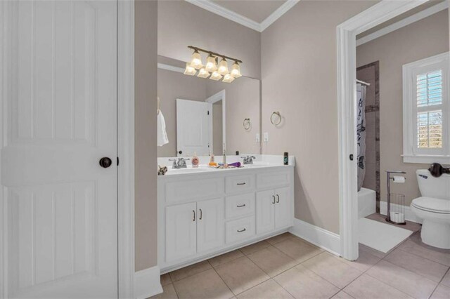 full bathroom featuring shower / bathtub combination with curtain, tile patterned floors, toilet, vanity, and ornamental molding