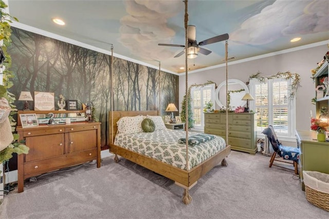 bedroom featuring carpet floors, ceiling fan, and ornamental molding