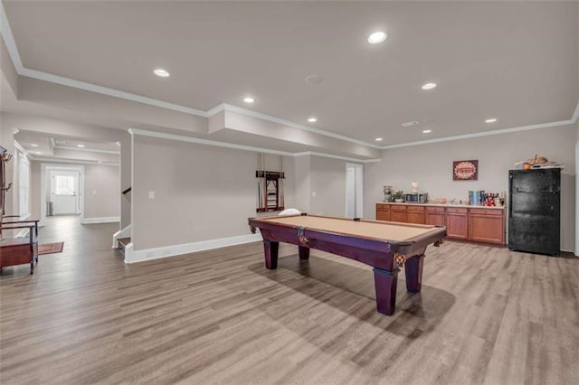 recreation room with pool table, baseboards, light wood finished floors, and ornamental molding