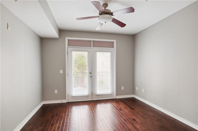 doorway with french doors, dark hardwood / wood-style flooring, and ceiling fan