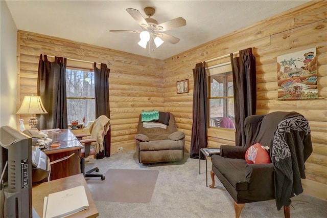 office area featuring ceiling fan and carpet floors