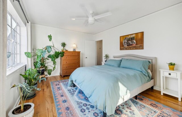 bedroom featuring ceiling fan and wood finished floors