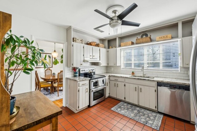 kitchen featuring under cabinet range hood, a sink, white cabinets, appliances with stainless steel finishes, and open shelves