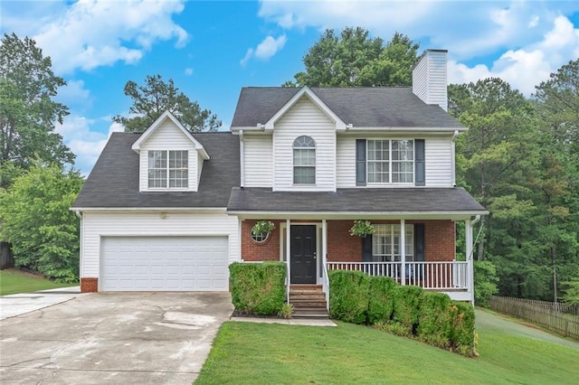 5407 Palmetto Ct, Flowery Branch, GA 30542 - traditional-style house with driveway, a porch, a front lawn, a chimney, and a garage