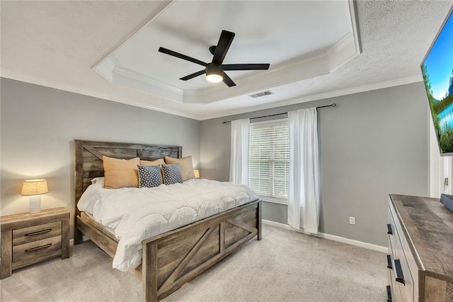 5407 Palmetto Ct, Flowery Branch, GA 30542 - bedroom featuring a tray ceiling, light carpet, crown molding, baseboards, and a ceiling fan