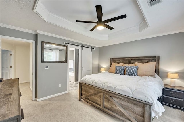 5407 Palmetto Ct, Flowery Branch, GA 30542 - bedroom featuring crown molding, a barn door, a raised ceiling, light carpet, and baseboards