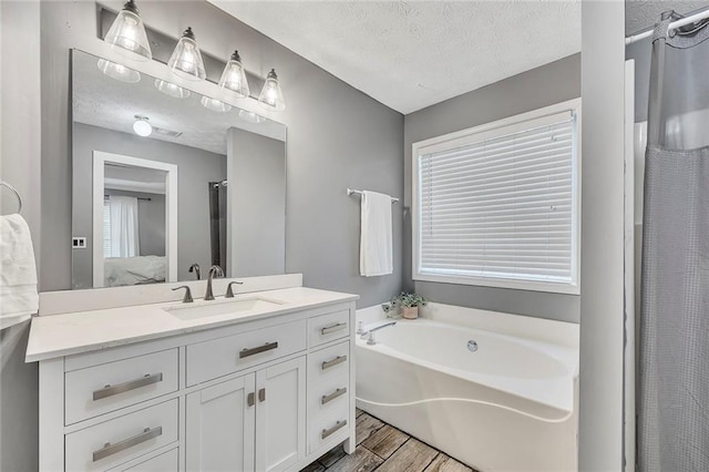 5407 Palmetto Ct, Flowery Branch, GA 30542 - ensuite bathroom with wood finished floors, vanity, a bath, and a textured ceiling