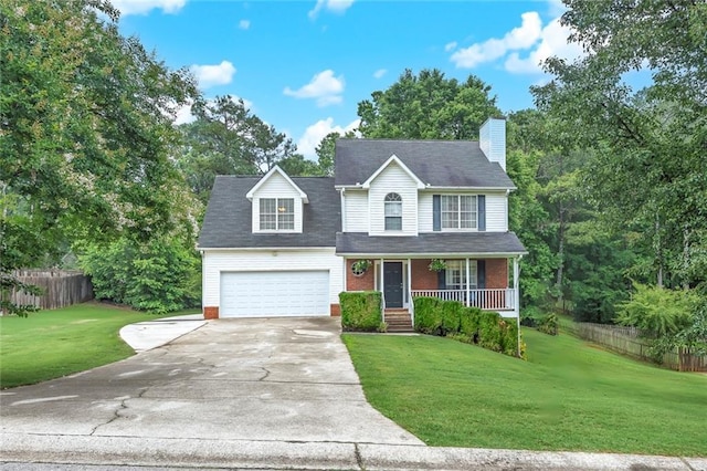 5407 Palmetto Ct, Flowery Branch, GA 30542 - traditional-style house with covered porch, concrete driveway, a chimney, and brick siding