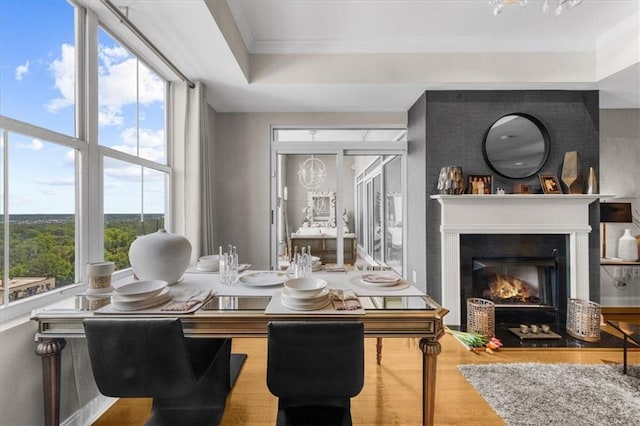 2881 Peachtree Rd NE Unit 1102, Atlanta, GA 30305 - dining area with crown molding, a fireplace with flush hearth, wood finished floors, and a raised ceiling