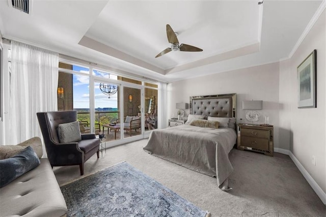 2881 Peachtree Rd NE Unit 1102, Atlanta, GA 30305 - carpeted bedroom with a raised ceiling, access to exterior, ornamental molding, baseboards, and ceiling fan