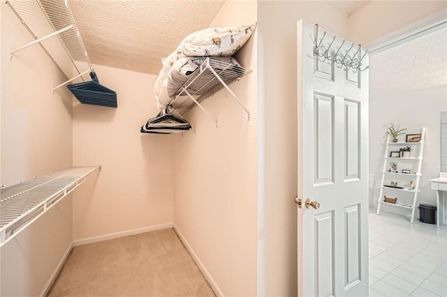 spacious closet featuring light colored carpet