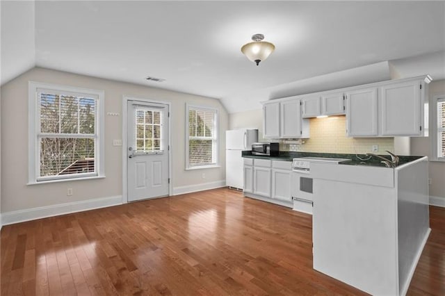 12 Rosalyn Rd, Georgetown, GA 39854 - kitchen featuring white appliances, dark countertops, lofted ceiling, dark wood-style floors, and baseboards