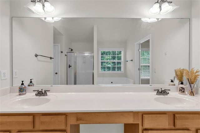 335 Pintail Ct, Suwanee, GA 30024 - bathroom featuring a chandelier, a stall shower, a garden tub, and vanity
