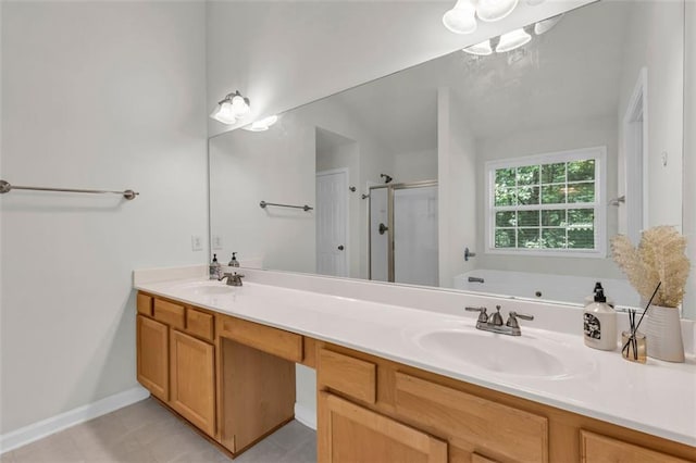 335 Pintail Ct, Suwanee, GA 30024 - bathroom featuring a stall shower, double vanity, a garden tub, and tile patterned flooring