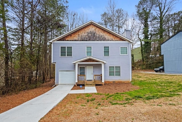 traditional home featuring a garage, a chimney, and a front yard