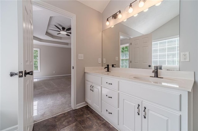 206 Belmont Dr, Monroe, GA 30655 - full bath featuring baseboards, lofted ceiling, and double vanity