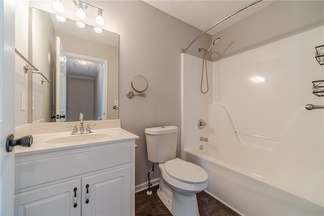 206 Belmont Dr, Monroe, GA 30655 - bathroom featuring toilet, vanity, shower / bathtub combination, a textured ceiling, and baseboards