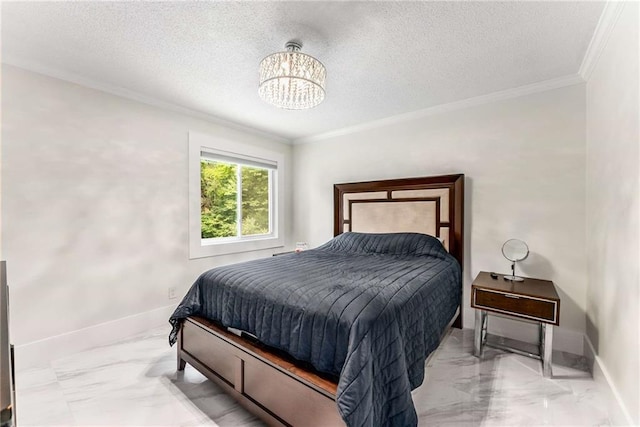 5219 Legendary Ln, Acworth, GA 30102 - bedroom with marble finish flooring, crown molding, a chandelier, baseboards, and a textured ceiling