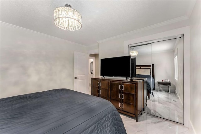5219 Legendary Ln, Acworth, GA 30102 - bedroom featuring light marble finish floors, a chandelier, ornamental molding, and a textured ceiling
