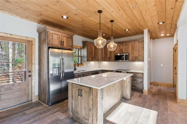 78 Pocola Ct, Ellijay, GA 30536 - kitchen featuring brown cabinets, a sink, stainless steel appliances, wooden ceiling, and a kitchen island